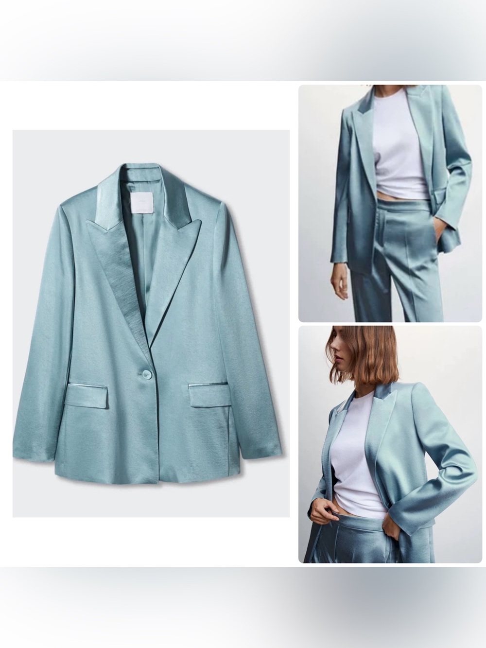 MNG Mango Satin Finish Blazer in Light Blue-Green Shade Size L Single Button
